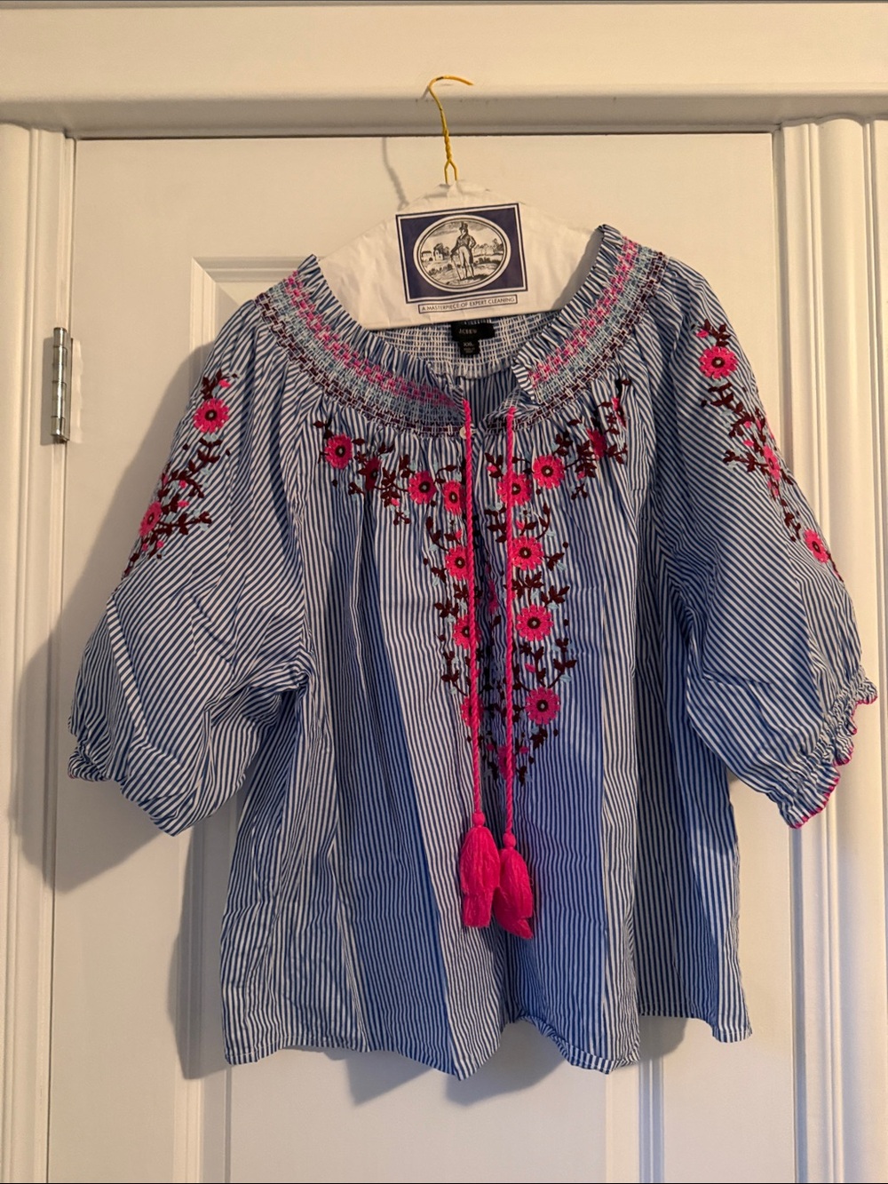 J. Crew Blue and White Striped Peasant Blouse with Pink Embroidery